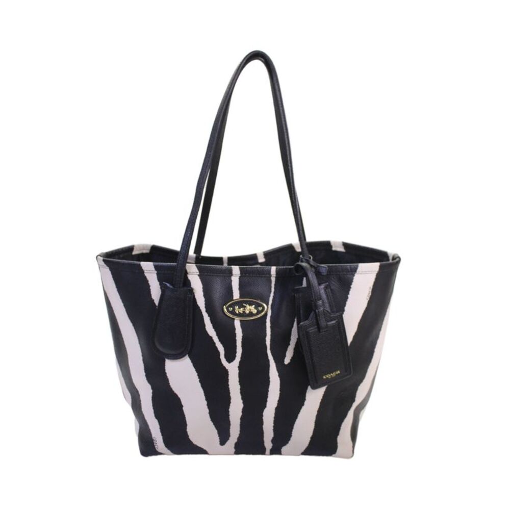 Coach Womens Leather Zebra Print Hook + Loop Closure Shoulder Bag Black